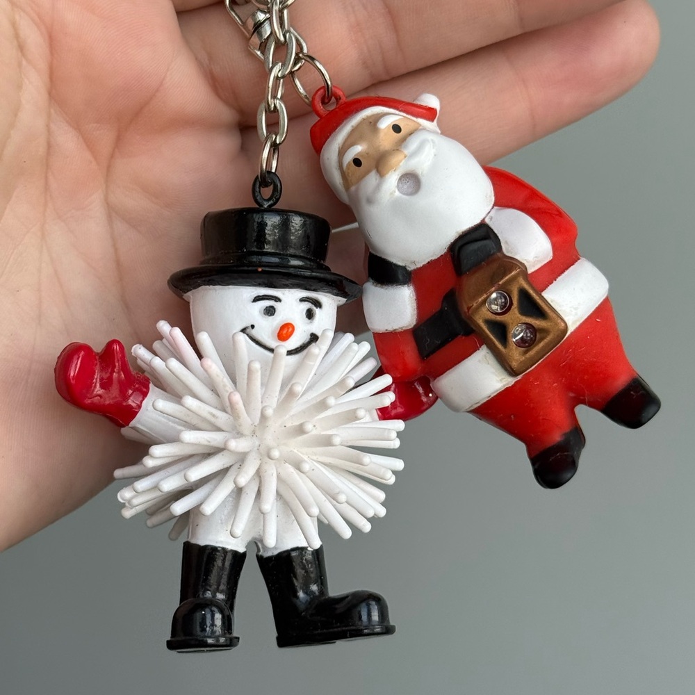 2 Vintage Christmas Toy Keychains Snowman Santa Claus Figurines